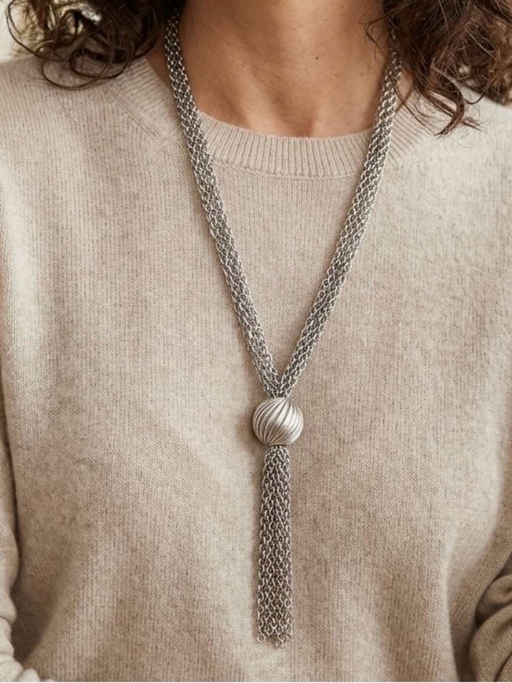 Crown Trifari Silver Tone Multi-Strand Tassel Necklace Textured Ball - Picture 3 of 10